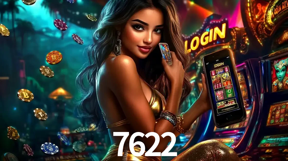 Mulher em um cenário de cassino temático de aventura, mostrando o app de caça-níqueis da 7622 no celular. Fichas de apostas flutuam ao redor.