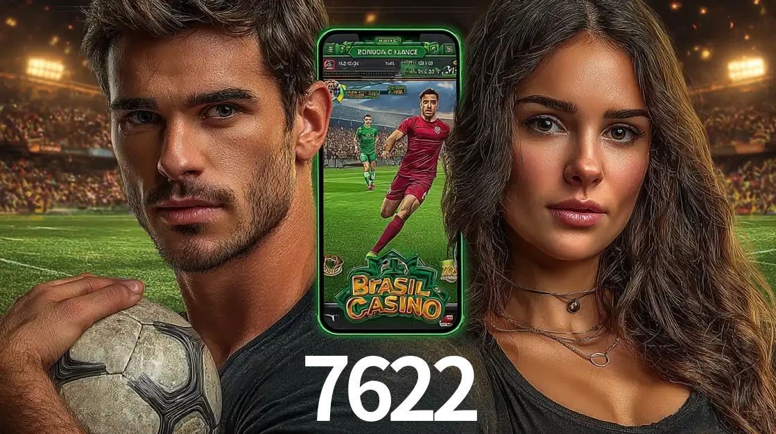 Homem segurando uma bola de futebol e uma mulher ao lado de um smartphone exibindo o jogo de apostas esportivas da 7622. Faça seu palpite no cassino online.